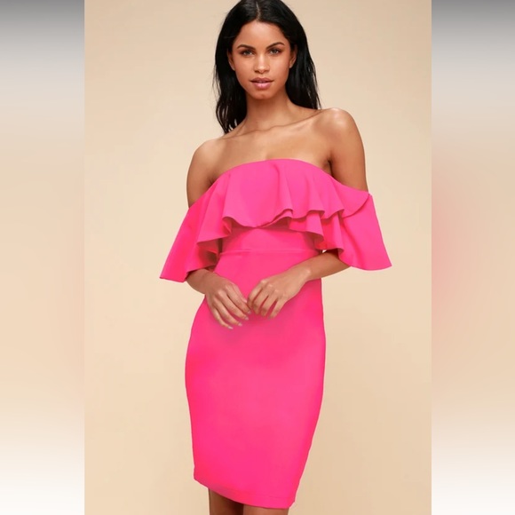 Lulu’s Aurelia Hot Pink Off the Shoulder Mini Dress Small Barbie Barbiecore - Picture 1 of 11
